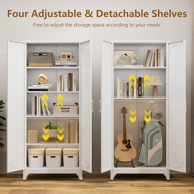 Polup 75" Tall Metal Kitchen Pantry Storage Cabinet with Doors and Shelves | White Freestanding Cupboard, 5-Tier Heavy Duty, 4 Adjustable Shelving, Gold Handles, for Garage, Dining Living Room, Office