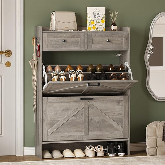 BORNOON Shoe Storage Cabinet for Entryway, Farmhouse Narrow Shoe Cabinet with 2 Flip Drawers & Top Drawers, Adjustable Shelves & Hooks, Freestanding Hidden Rack Organizer for Hallway, Foyer