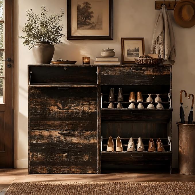 VINGLI Shoe Cabinet Storage for Entryway,Rustic Small Narrow Shoe Rack,25"W | 8–12 Pairs,Skirting Board Cutout,Drop-Down Drawer,9.4"D Slim,Dark Rustic Oak,2 Flip Drawers,Adjustable & Removable Shelf