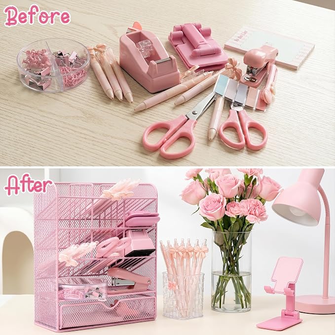 WATINC Pink Desk Organizer Accessories - 21pcs Aesthetic Office School Storage Supplies with Mesh Desk Organizer, Bow Pen Holder, Tape Dispenser, Ruler, Clip, Phone Stand Stationery Kit for Girl Women