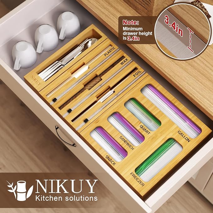9 IN 1 Bamboo Foil and Plastic Wrap Organizer for Kitchen Drawer, Plastic Bag Organizer Organization and Storage, Food Storage Bag Organizer with Labels for Quart Gallon Snack Sandwich Bag