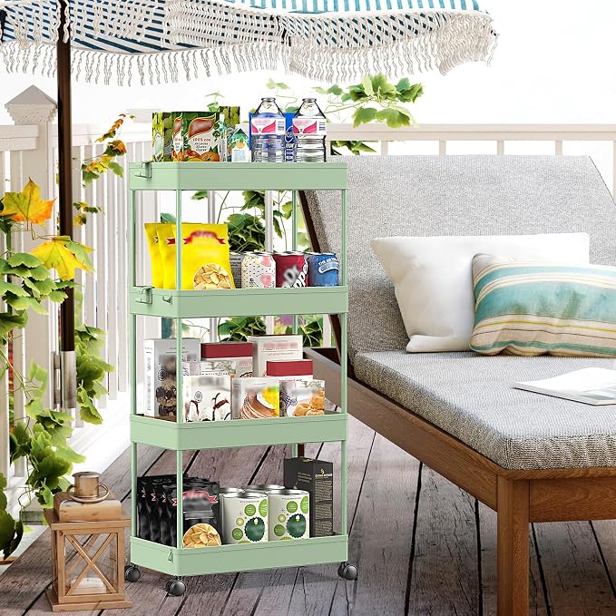 SPACEKEEPER 4 Tier Rolling Cart, Bathroom Cart Organizer with Wheels, Green | Mobile Storage Cart for Laundry Room Organization,Kitchen,Office,Bathroom, Utility Cart for Snack,Craft,Art,Makeup,Nail,Toys