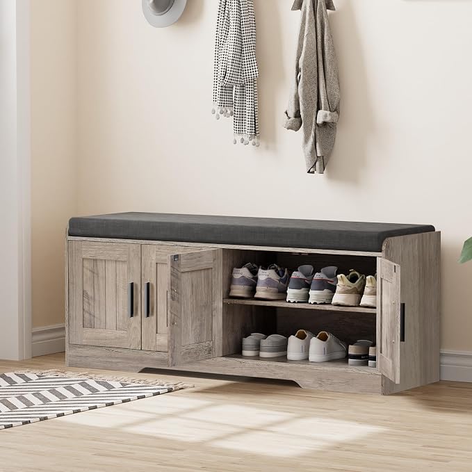 Homleke Shoe Storage Bench, 4 Doors & Thickened Padded Seat Cushion | 2-Tier Shoe Bench, Entryway Bench, Adjustable Shelf, 13.8" D x 45.3" W x 18.5" H, for Living Room, Bedroom, Greige