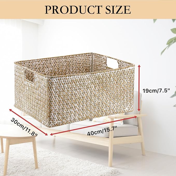 Hipiwe Wicker Storage Basket Bin X-Large Rectangular Opened Baskets Box | Handwoven Seagrass Basket Box with Handle for Shelf Organizing Closet Bathroom, 15.7" L x 11.8" W x 7.5" H