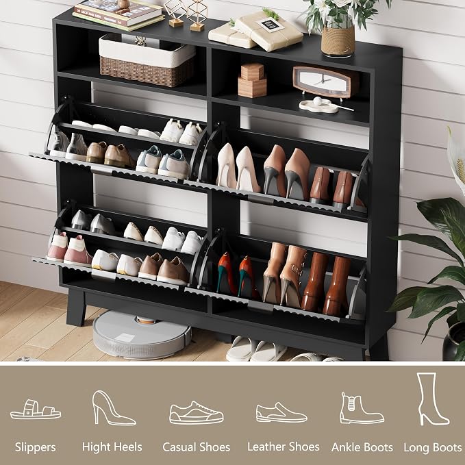 Shoe Cabinet Storage for Entryway with 4 Flip Drawers, Fluted Narrow Shoe Organizer with Wooden Legs & Top Cubby, Freestanding Slim Shoe Storage Hidden Shoe Rack for Front Door Entrance, Black
