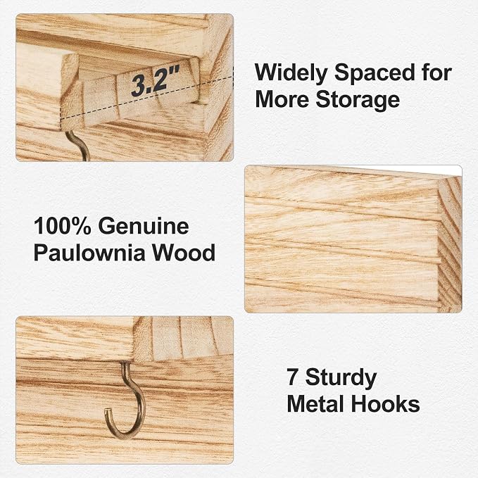 Lwenki Decorative Key Holder for Wall with Shelf, Entryway Shelf with Hooks Holds Leashes, Jackets and Glasses – Sturdy Wood Keyholder Entrance Hanger with Mounting Hardware (Wood, Large)