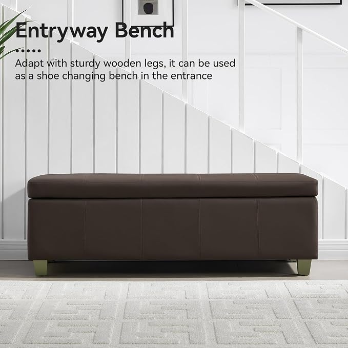 WUTUTUEE 51" Faux Leather Storage Ottoman, Stitch Tufted Rectangle Upholstered End of Bed Storage Bench, Entryway Large Couch Ottoman with Wooden Legs,Brown