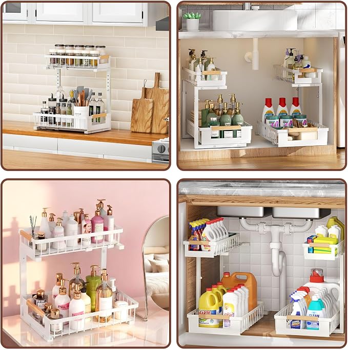 Under Sink Organizer, 2 Tier Pull Out Cabinet Organizer with 5 Adjustable Heights, Metal Under Sink Storage with Sliding Drawers for Kitchen, Bathroom, Pantry and Laundry Room, 4-Pack White