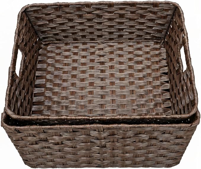 Large 2-Pack Plastic Wicker Storage Baskets, 17"x13"x5.5", Brown | onlytak woven bins for laundry, closet, living room, shelf organization, and even a cat bed – perfect home storage decor.