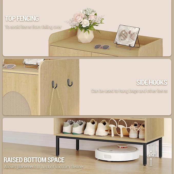 Hzuaneri Shoe Cabinet, 7-Tier Shoe Storage Cabinet with Adjustable Shelves | Wooden Shoes Organizer Cabinets with Doors & Top Storage Layer, 28-32 Pairs, for Entryway, Hallway, Rattan SR68702Y