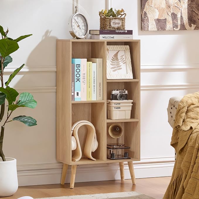 LEYAOYAO 5 Cube Bookshelf,Mid-Century Modern Bookcase with Legs,Light Wood | 3 Tier Book Shelf,Rustic Wood Bookshelves Freestanding Small Storage Organizer, Open Shelves for Bedroom, Living Room, Office