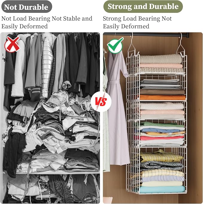 X-cosrack Closet Hanging Organizer and Storage - 5 Tier Hanging Shelves, Wire Closet Shelf Organizer Basket with Adjustable Dividers for Home Clothing Sweaters Shoes Handbags