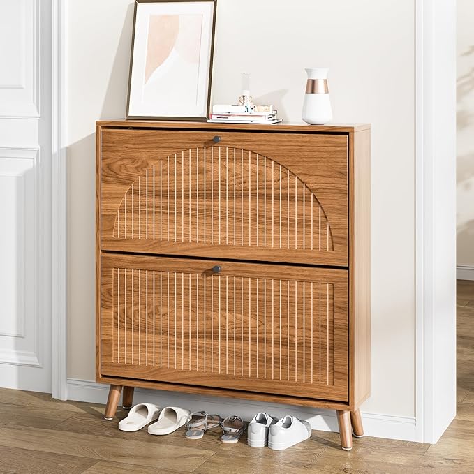 Fsbecl Shoe Storage Cabinet for Entryway with 2 Flip Drawers, Narrow Wood Shoe Cabinet with Fluted Panel, Freestanding Hidden Shoe Organizer for Hallway