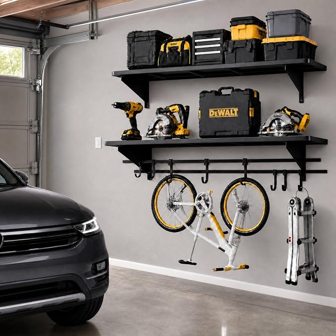 2-Pack 4ft x 16in Heavy Duty Metal Garage Wall Shelving,700lbs Capacity Solid Iron Garage Storage shelves with Sliding Hooks, Wall Mounted Floating Shelves for Workshop,Basement,Tools & Bins,Black