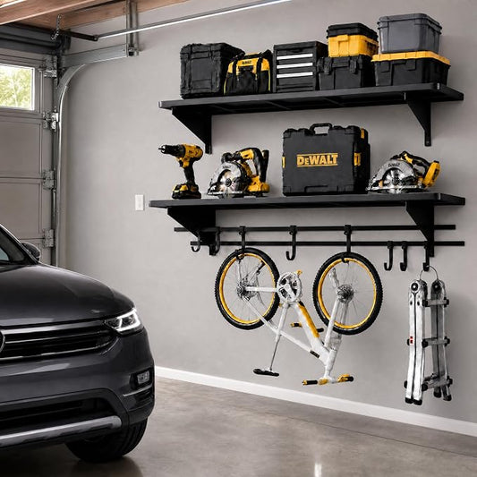 2-Pack 4ft x 16in Heavy Duty Metal Garage Wall Shelving,700lbs Capacity Solid Iron Garage Storage shelves with Sliding Hooks, Wall Mounted Floating Shelves for Workshop,Basement,Tools & Bins,Black