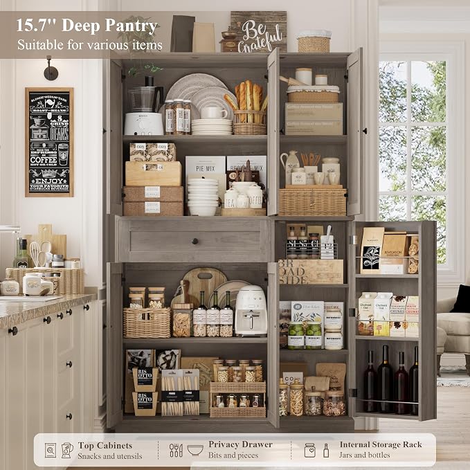 HOSTACK 68" H Kitchen Pantry Storage Cabinet with Doors & Shelves, Ash Gray | Large Pantry Cabinet with Door Rack, Freestanding Kitchen Storage Cabinet with Drawer, Food Pantry for Dining Living room