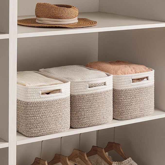 4 Pack Storage Baskets for Organizing, Woven Baskets for Shelves, White&Light Brown