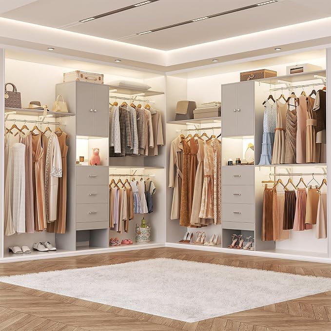 Armocity 96 Inches Closet System with Doors, 8FT Walk In Closet Organizer with 2 Shelving Towers, Heavy Duty Clothes Garment Rack with 3 Wood Drawers, 96"L x 16"W x 80"H, Max Load 1000 LBS, Grey