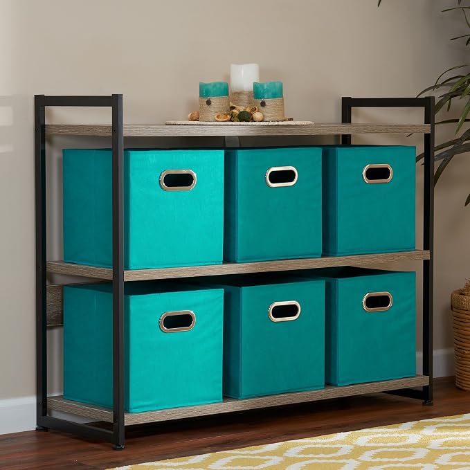 Household Essentials Fabric Storage Bins in Strong Poly‑Woven Fabric, Sturdy Chipboard Sides, Grommet Front Handle, Teal Green, Set of 6