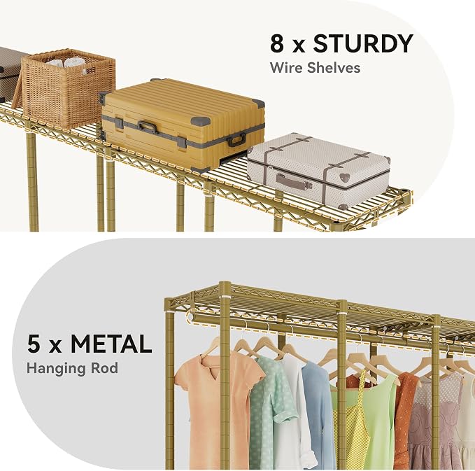 Higeego H5 Heavy Duty Clothes Rack, Freestanding Clothing Rack, Gold | 93.3"Wx15.7"Dx75.4"H, Large Garment Rack, Freestanding Clost Rack for hanging clothes, with Adjustable Shelf, Load 1400 lbs