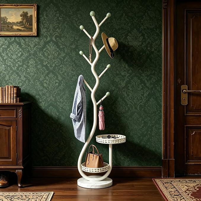 Metal Standing Coat Rack, Small Space Coat Rack Freestanding Hanger Coat Stand with Natural Metal Base & 8 Hooks, Tree-Shaped Coat Rack for Entryway, Hallway, Bedroom, can Hang Clothes, Hats (White)