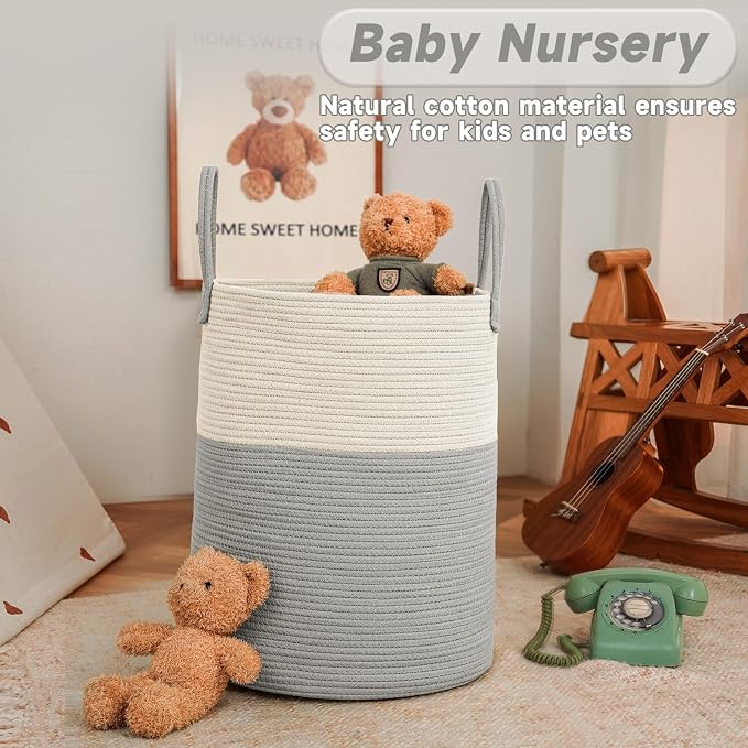JMvicyroam 80L Cotton Rope Laundry Basket Hamper, White and Grey | Collapsible laundry basket, reinforced handles, freestanding, machine washable, holds 3-5 thick blankets, clothes or toys