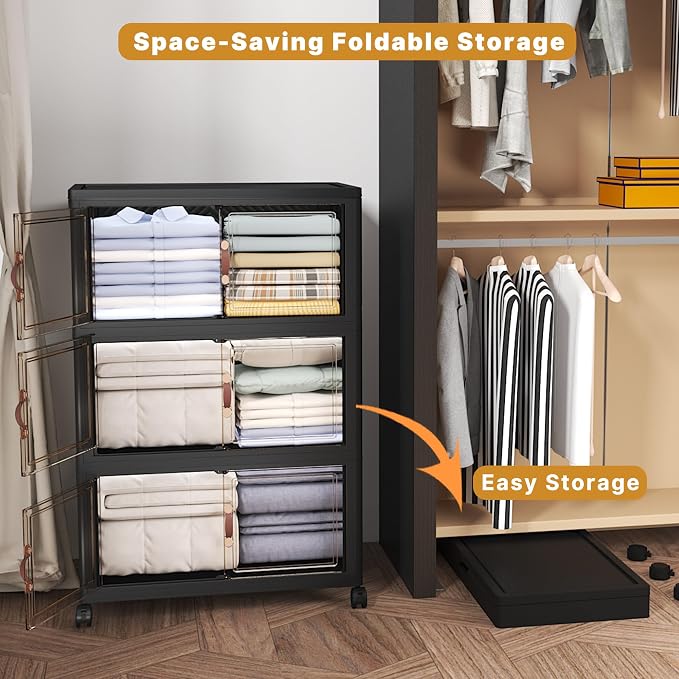 Stackable Storage Bins with Lids, 360QT Closet Organizers and Storage Cabinet with Doors & Wheels, Lockable Plastic Foldable Drawers for Bedroom Dorm Office Garage（120QT*3,Black）