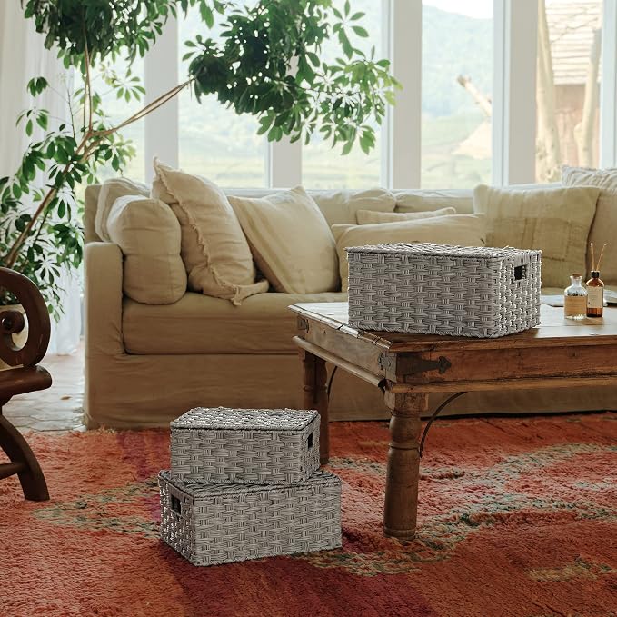 Granny Says Wicker Basket With Lid, Wicker Storage Baskets For Shelves | Woven Baskets With Lids, Wicker Baskets For Storage, Decorative Storage Boxes, Woven Stackable Basket with Lid for Organizing