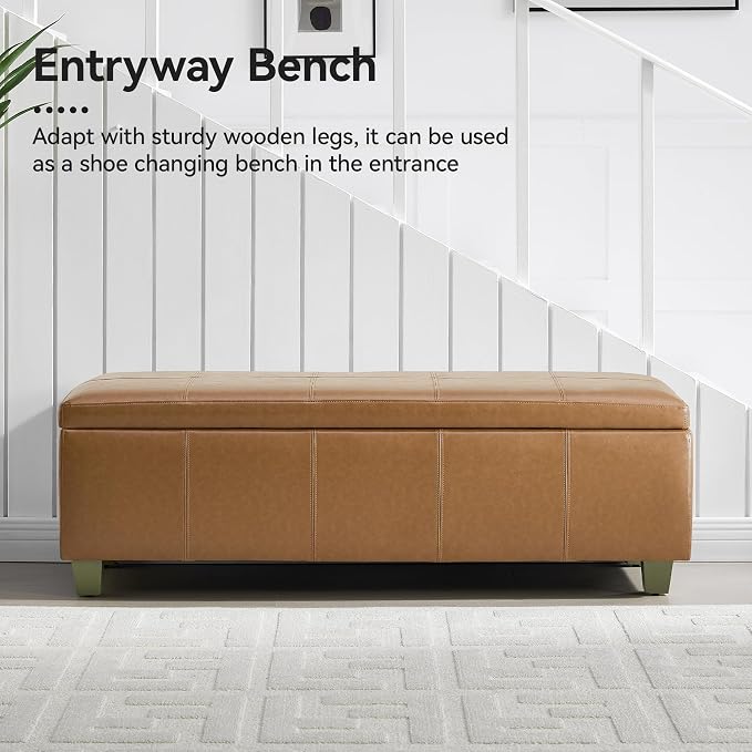 WUTUTUEE 51" Faux Leather Storage Ottoman, Stitch Tufted Rectangle Upholstered End of Bed Storage Bench, Entryway Large Couch Ottoman with Wooden Legs, Light Brown