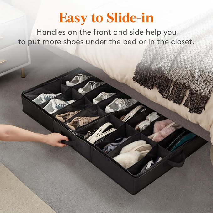 Lifewit Under Bed Shoe Storage Organizer 1 Pack(16 Shoes Cells), 4.3 Inches Profile Fabric Shoes Container Box with Clear Cover, Foldable Storage Bag with 2 Handles, Fits 8 to 16 Pairs