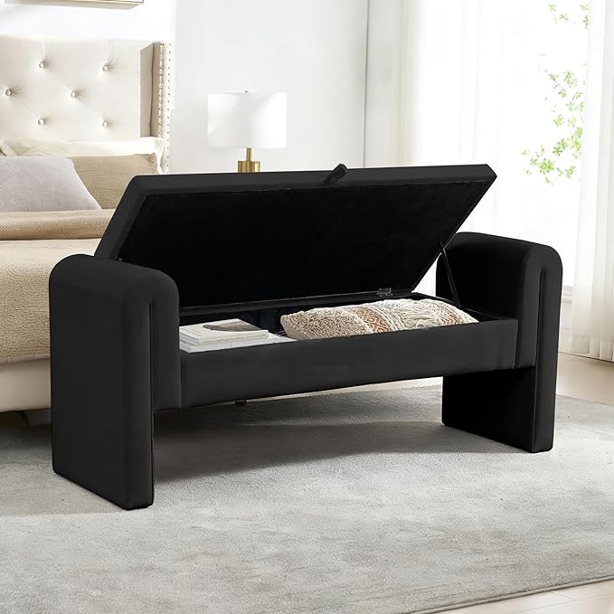 Modern Bench for Bedroom End of Bed, 60.5" Velvet Upholstered Rolled Armed Stool Bench, Sofa Ottoman Long Bench with 2 Pillows for Entryway/Bedroom/Hall (Black-60.5 Inch)