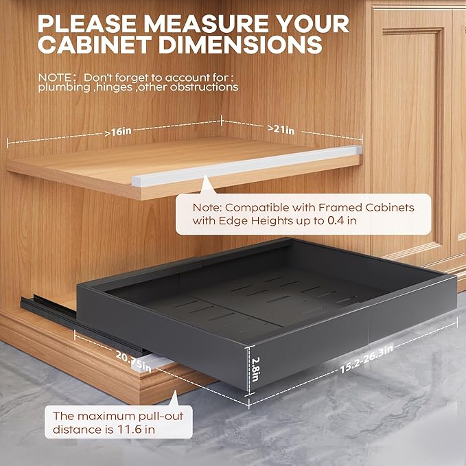 Seinloes 2 Pack Expandable Pull Out Cabinet Organizer 21"Deep With Raising Pad for Framed Cabinets,Upgrade 3 Slide Rails Slide Out Drawers,Roll Out Shelves Adhesive,Adjustable Width 15.15"-26.3" Black