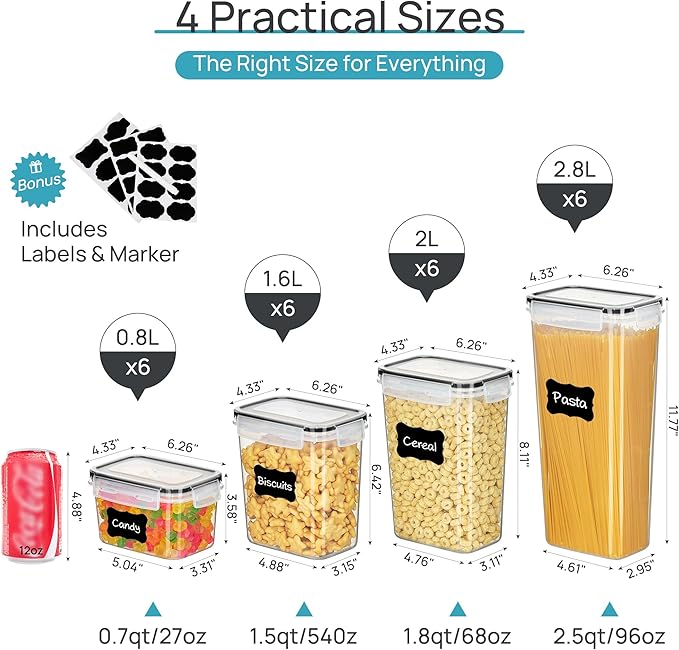 Airtight Food Storage Containers with Lids, Vtopmart 24 pcs Plastic Kitchen and Pantry Organization Canisters for Cereal, Dry Food, Flour and Sugar, BPA Free, Includes 24 Labels，Black | For Cereal Pasta Snack Flour Sugar, BPA Free, Airtight Seal, Multi...