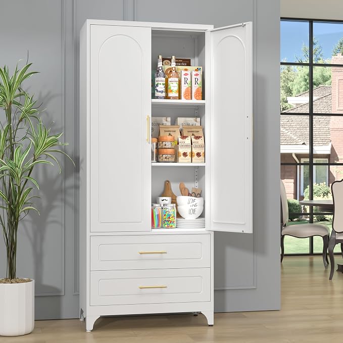 SteeLoong 75" Kitchen Pantry Cabinet, Metal Storage Cabinet with 2 Drawers | White Pantry Cabinets for Kitchen Storage with 2 Adjustable Shelves,Tall Freestanding Cupboard for Living Room,Kitchen,Garage