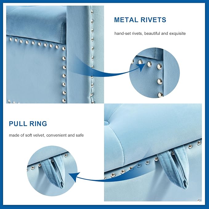Storage Ottoman Bench, Velvet Upholstered Footstool for Bedroom and Living Room, Tufted Seat with Storage, Wooden Legs & Metal Rivets, Light Blue