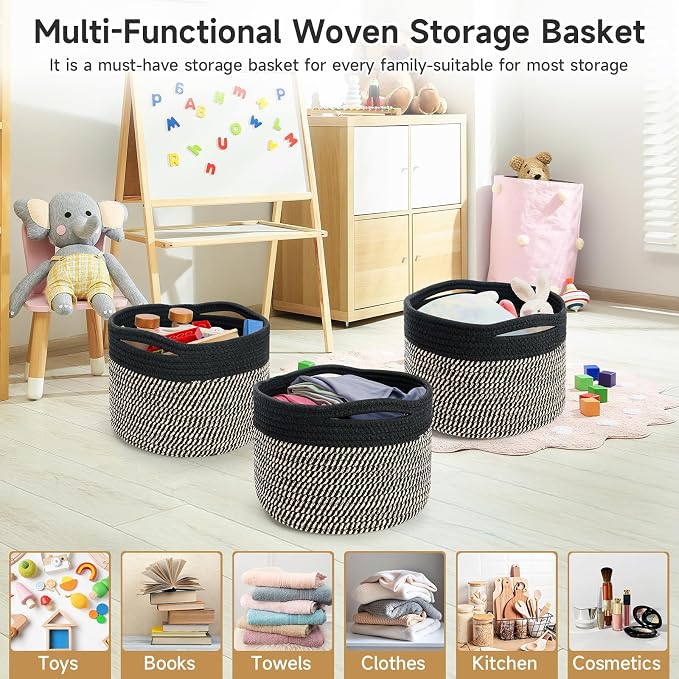 3 Pack Small Rope Storage Baskets, 9.82×9.82×7.1", Brown+Black | Cotton Basket for Gifts Empty, Cute Round Woven Basket, Decorative Shelf Basket Organizer, Organizing Basket for Shelves