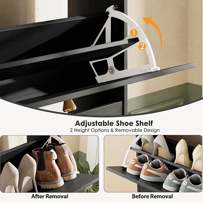 Nicetree Shoe Cabinet with 2 Flip Drawers, Entryway Shoes Organizer, Black | Narrow Shoe Organizer, Freestanding Shoe Rack Cabinet, Modern Shoe Storage Cabinet for Entryway, Hallway, Foyer, With Hook