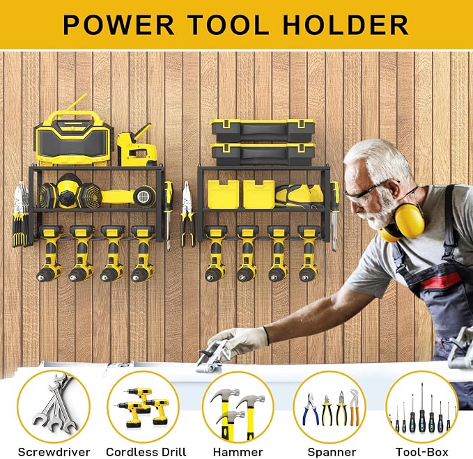 SPACECARE Power Tool Organizer- 2 Pack 3 Layers Rack for 8 Drill Holders | Heavy Duty Tool Shelf Durable Wall Mount Tool Storage Rack for Work Shop, Garage Organization, 150Lbs Load Capacity, Black