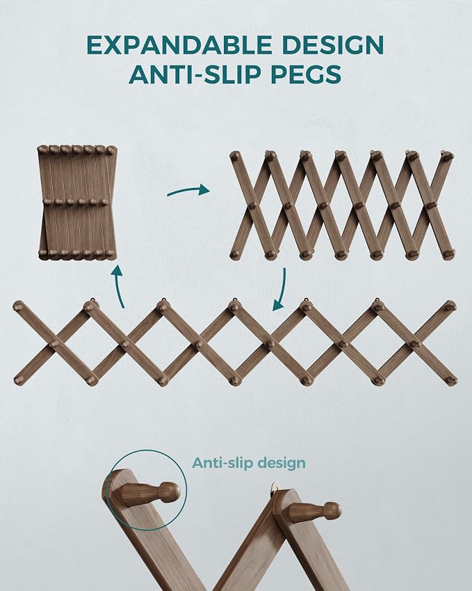 OROPY Accordion Wall Hanger with 20 Pegs, Expandable Wooden Coat & Hat Rack | Walnut Color, Hat Display Rack, X Shape Rack for Coat, Hats, Bags, Baseball Caps, Coffee Mug, Jewelry