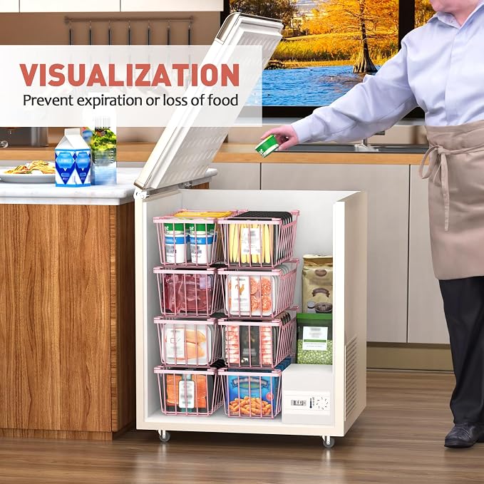 Goovilla Freezer Organizer Bins for 5-7 Cu.FT Chest Freezer, 4 Pack Pink | Foldable Handle Stackable Freezer Baskets, Coated Metal Freezer Storage Bins with Better Space Utilization, Deep Organization