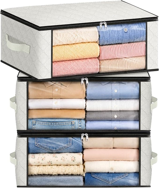 Fab totes 35L Closet Organizers and Storage, Foldable Under Bed Storage Containers, Storage bags for Organizing Bedroom, Closet, Clothing,Organization with Handle (3 Pack,Ivory)