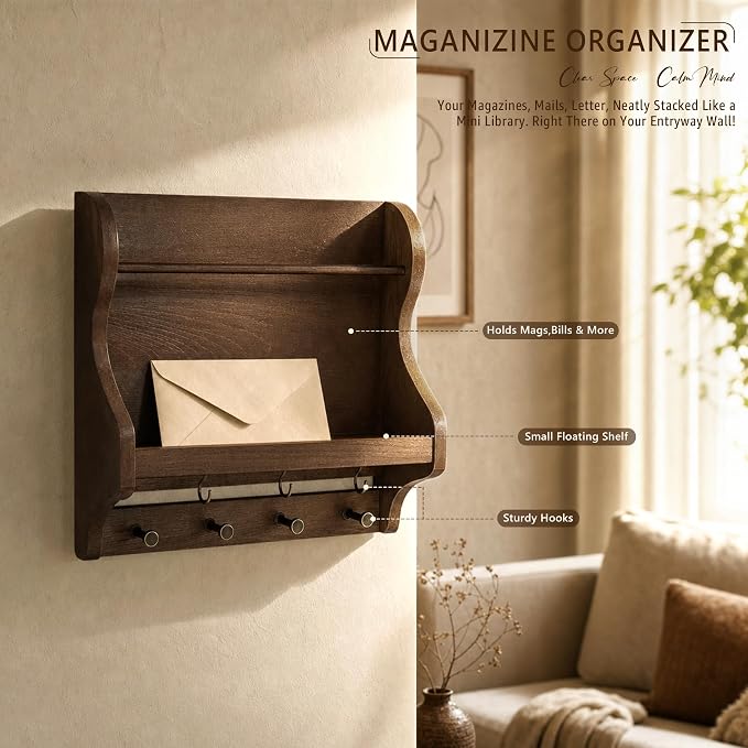Pine Wood Mail Organizer Wall Mount with 7 Key Hooks for Entryway, Brown | Decorative Mail Holder for Wall, Living Room, Rustic Magazine Holder for Paper, Bill Storage, Home Decor, Apartment Aesthetic