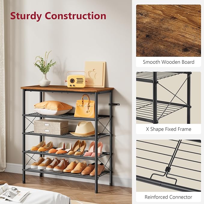 5 Tier Shoe Rack for 16-20 Pairs of Shoes, Rustic Brown & Black | Sturdy & Durable, X Shape Fixed Frame, Metal Mesh Shoe Shelf, Industrial, For Closet, For Entryway Shoe Storage