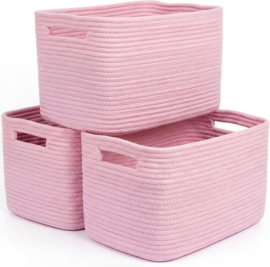 Storage Baskets for Organizing, 14 x 10 x 9” Closet Shelf Woven Baskets, Square Bins with Handles, Cotton Rope Basket for Clothes, Office, Room, Pink 3 Pack