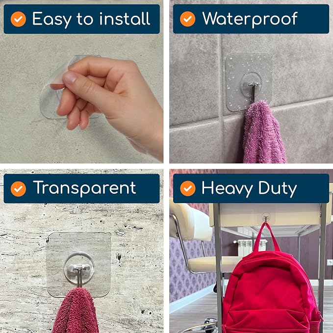 Adhesive Wall Hooks for Hanging Heavy Duty 22 lbs Hooks for Walls No Damage, Towel Sticky Clear Hooks, Waterproof, Home, Bathroom, Kitchen, Office, and Outdoor, 40 Pack