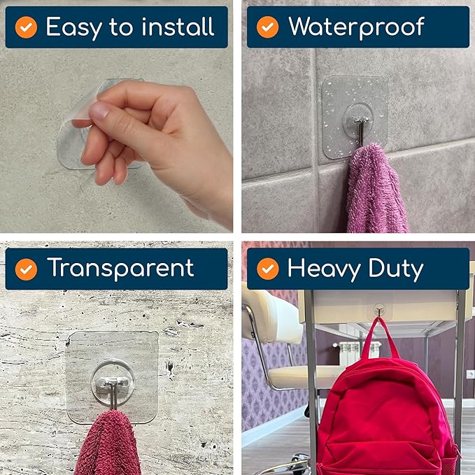 Adhesive Wall Hooks for Hanging, Heavy Duty No Drill, 22 lbs, 6 Pack | GLUIT Adhesive Wall Hooks for Hanging, Transparent Waterproof Sticky Towel Hook for Bathroom Kitchen Home Outdoor