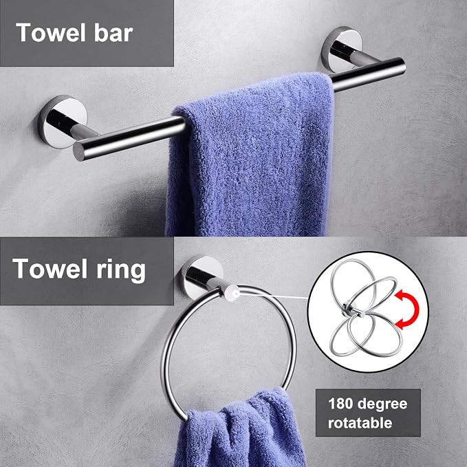 5 Pieces Polished Chrome Bathroom Hardware Accessories Set,Hand Towel Ring,16 inch Towel Bar,Toilet Paper Holder,2pcsTowel Hooks,Round SUS304 Stainless Steel Heavy Duty Wall Mount Holder,Towel Rack