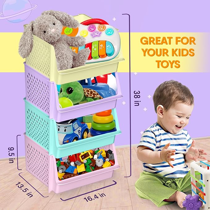 Large Stackable Storage Bins Open Front for Pantry Storage, 4 Pack - Multi | Sturdy Plastic, Easy Stacking, Open Front Access, Ventilated Sides, Vertical & Space Saving Pantry Organizers and Storage Bin