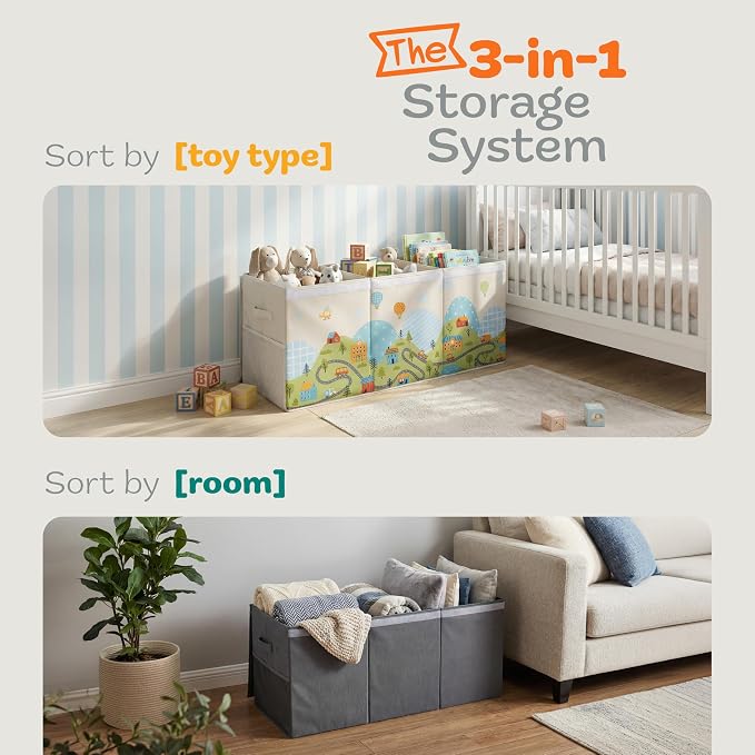 SoftOwl Extra Large Toy Storage Organizer with Lid - Sturdy, Collapsible Toy Chest Storage Box with Cute Design - Toys Bin with Dividers for Kids, Boys, Girls, Nursery, Bedroom, Play room 37"x16"x14"