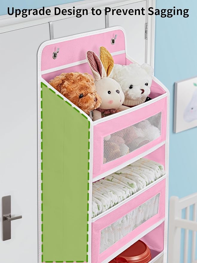 JARLINK Over the Door Organizer for Bedroom, Pantry, Bathroom, 5 Shelf Pink | Anti-Tilt Design, 44 lb Load Capacity, Hanging Door Organizer with 5 Large Capacity Pockets, Behind Door Storage for Nursery